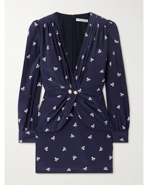 Alessandra Rich Blue Wrap-Effect Embellished Pleated Printed Silk Crepe De Chine Mini Dress