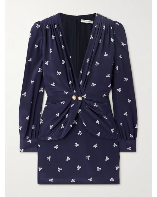 Alessandra Rich Blue Wrap-Effect Embellished Pleated Printed Silk Crepe De Chine Mini Dress