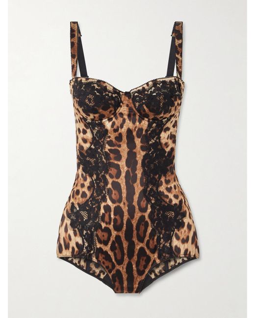 Dolce & Gabbana Brown Body Aus Satin Aus Einer Seidenmischung Mit Leopardenprint Und Spitzenbesätzen