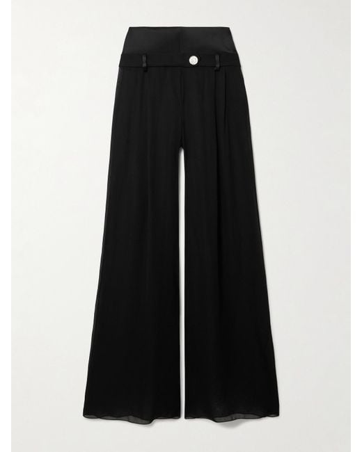 Galvan Black Strata Embellished Satin-Trimmed Georgette Wide-Leg Pants