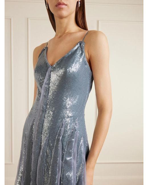Marmar Halim Blue Pleated Sequined Chiffon Gown