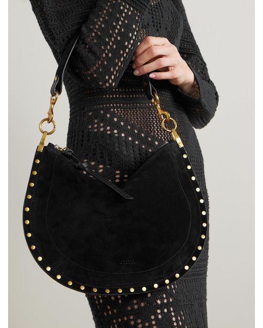 Isabel Marant Black Oskan Soft Leather-Trimmed Studded Suede Shoulder Bag