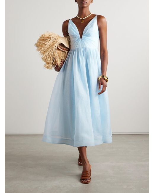 Zimmermann Blue Illuminate Minikleid Aus Einer Leinen-Seidenmischung Mit Falten