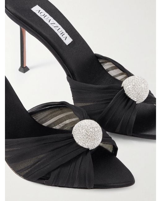 Aquazzura Black Mystery 85 Crystal-Embellished Leather-Trimmed Chiffon Mules