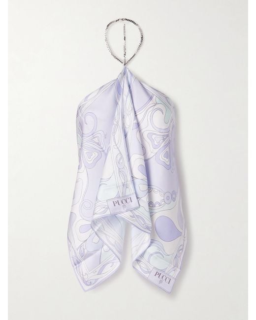 Emilio Pucci White Printed Silk-Twill Halterneck Tank