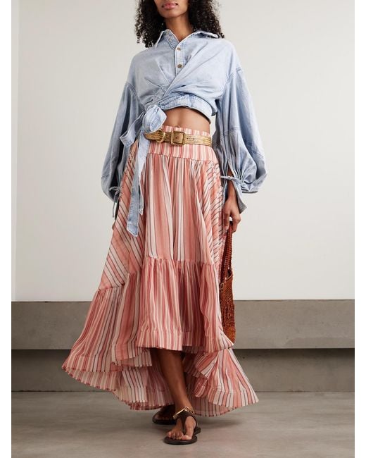 Zimmermann Pink Rebellion Bohemian Asymmetric Tiered Striped Georgette Skirt