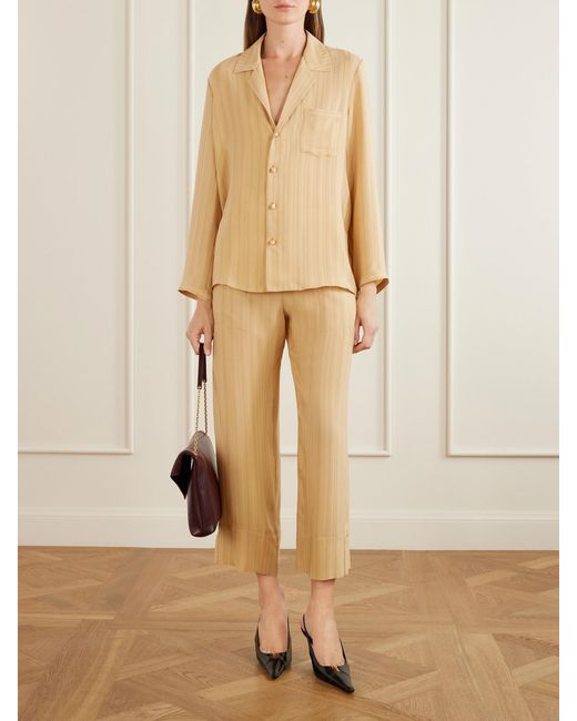 Saint Laurent Natural Striped Silk Straight-Leg Pants