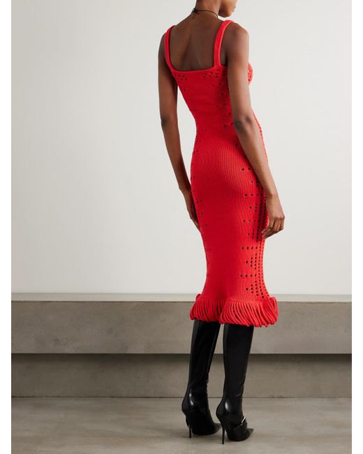 DIOTIMA Red Moore Fringed Pointelle-Knit Cotton-Blend Maxi Dress
