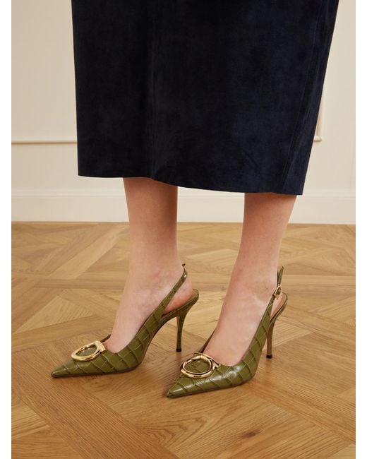 Ferragamo Metallic Sara 95 Croc-Effect Leather Slingback Pumps