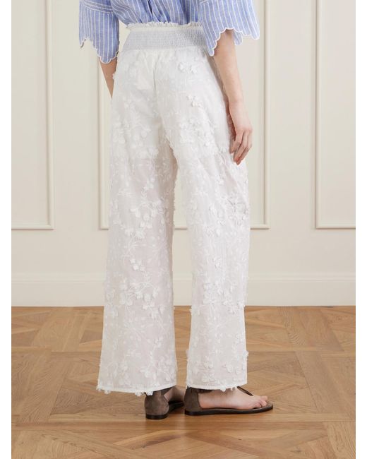 Loretta Caponi White Speranza Embroidered Fil-Coupé Cotton Straight-Leg Pants
