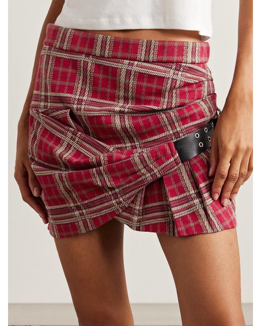 Isabel Marant Red Gisen Belt-Detailed Draped Checked Cotton Mini Skirt