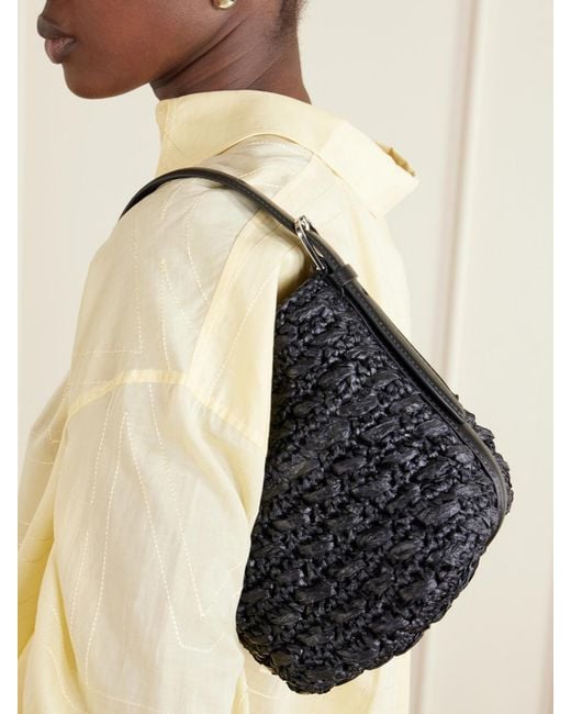 Totême  Black Belted Small Leather-Trimmed Raffia Shoulder Bag