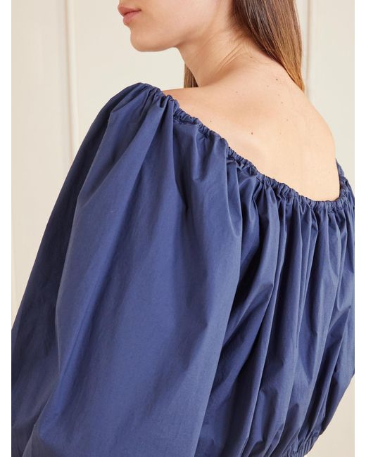 BERNADETTE Blue Ally Off-The-Shoulder Cropped Cotton-Blend Blouse