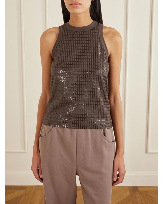 Brunello Cucinelli Brown Sequin-Embellished Stretch-Cotton Jersey Tank