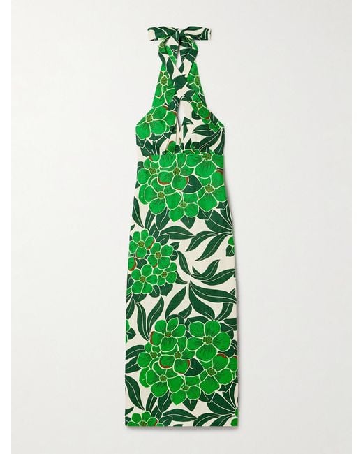 Cara Cara Green Perla Printed Linen Halterneck Midi Dress