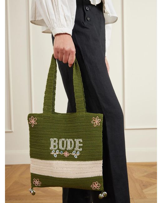 Bode Green Marsh Embellished Crocheted Cotton Tote