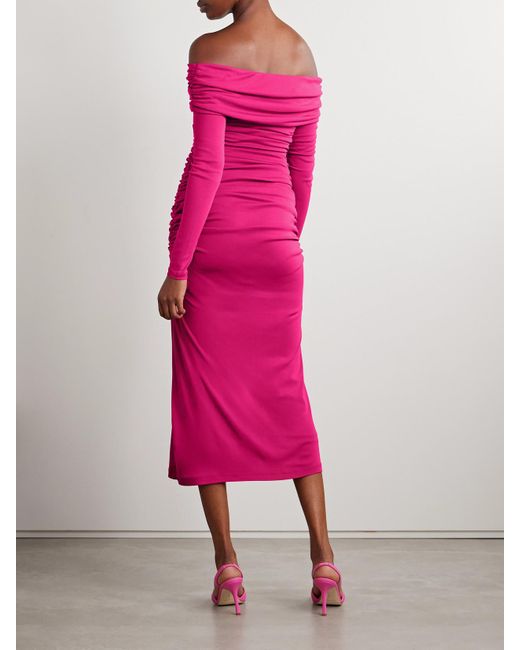 Carolina Herrera Pink Off-The-Shoulder Ruched Stretch-Jersey Midi Dress