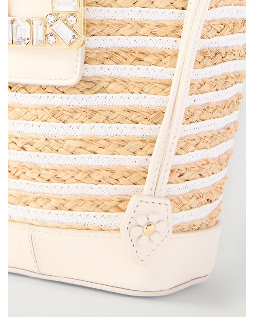 Roger Vivier Natural Viv' Skate Embellished Leather-Trimmed Striped Woven Raffia Clutch
