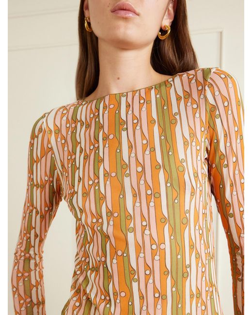 LaDoubleJ Natural Slinky Swing Printed Chiffon Midi Dress