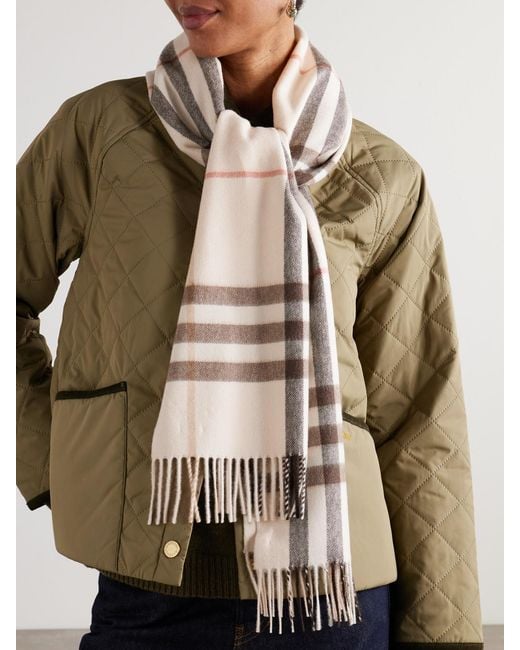Burberry Natural Fringed Checked Cashmere Scarf