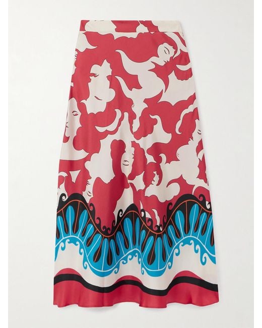 LaDoubleJ Red Mother Lungomare Printed Silk-Twill Midi Skirt