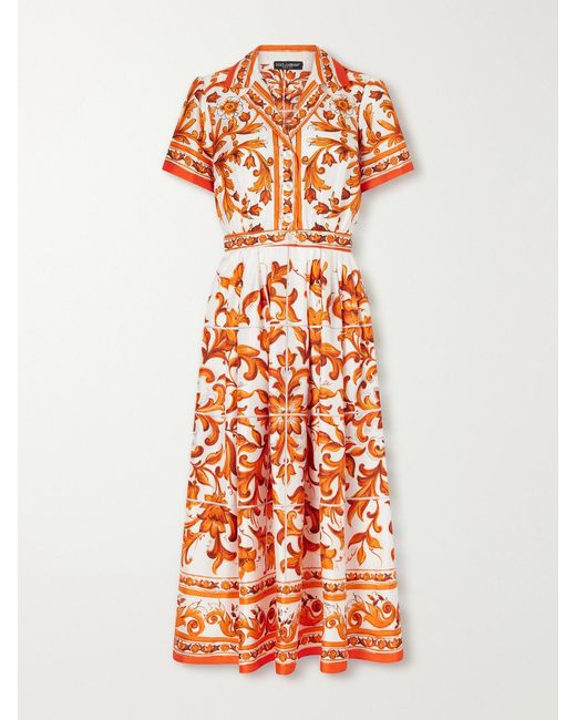 Dolce & Gabbana White Floral-Printed Silk-Twill Midi Dress