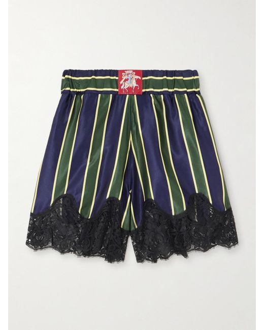 Conner Ives Blue Appliquéd Lace-Trimmed Striped Cotton And Silk-Blend Satin Shorts
