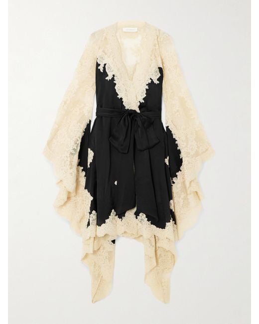 Zimmermann Black Hypnotic Minikleid Aus Satin Mit Spitzenbesätzen Und Bindegürtel