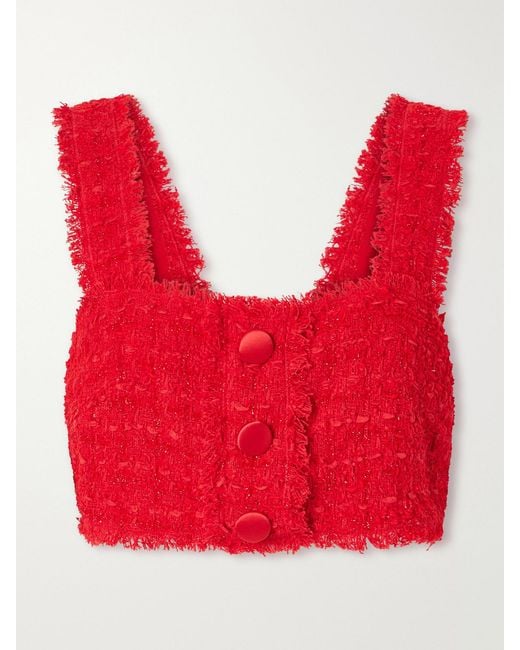 Dolce & Gabbana Red Cropped Frayed Metallic Cotton-Blend Tweed Top