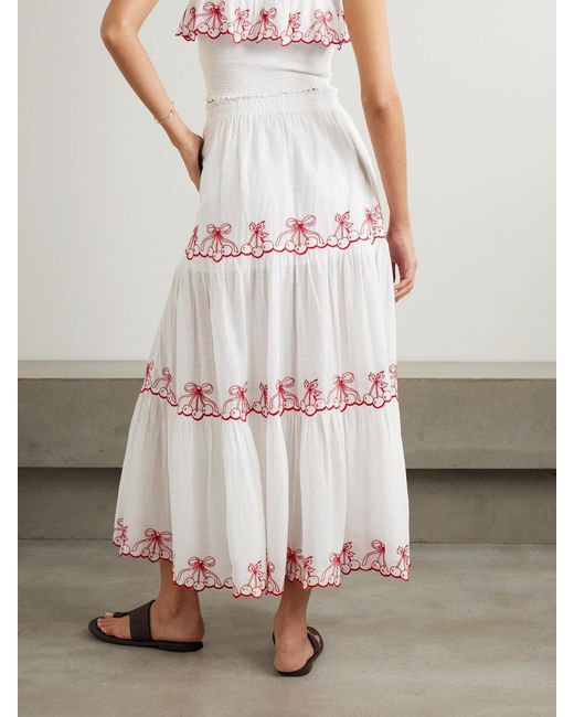 LoveShackFancy Natural Jemila Tiered Scalloped Embroidered Organic Cotton Maxi Skirt