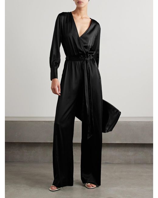 Rivet Utility Black The Partier Belted Silk-Blend Satin Jumpsuit