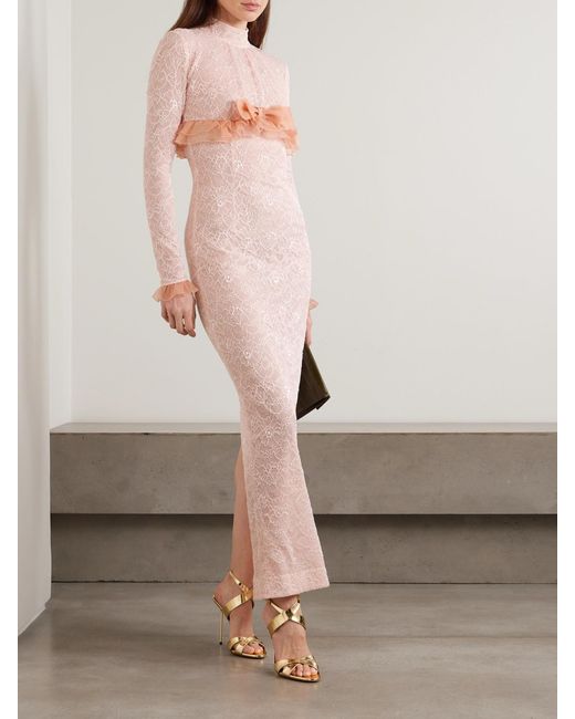 Alessandra Rich Pink Bow-Embellished Ruffled Silk Organza-Trimmed Stretch-Lace Gown