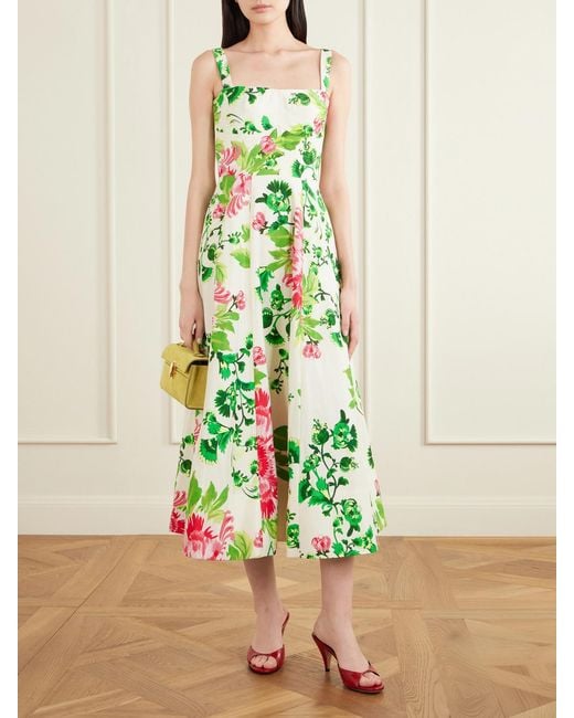 Saloni Green Sabrina Floral-Print Woven Midi Dress