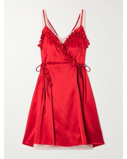 Simone Rocha Red Ruffled Pleated Jersey-Trimmed Silk-Satin Mini Dress