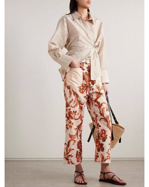 Thank You Have A Good Day White Cotton-Jacquard And Leather-Trimmed Floral-Print Cotton-Canvas Wide-Leg Pants