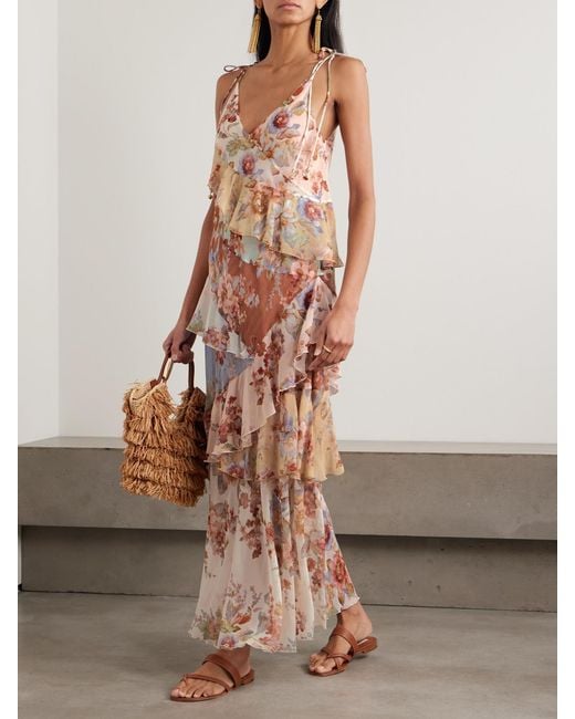 Robe Longue En Crêpe De Chine De Coton Et De Soie Mélangés À Imprimé Fleuri Et À Volants Awaken Zimmermann en coloris Natural