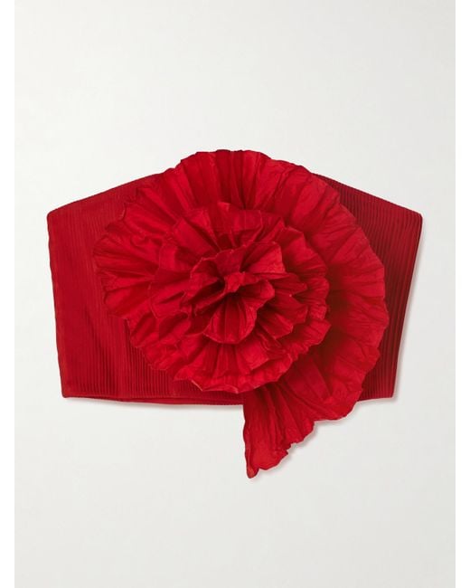 ANDRES OTALORA Red No Me Olvides Appliquéd Pleated Taffeta Top