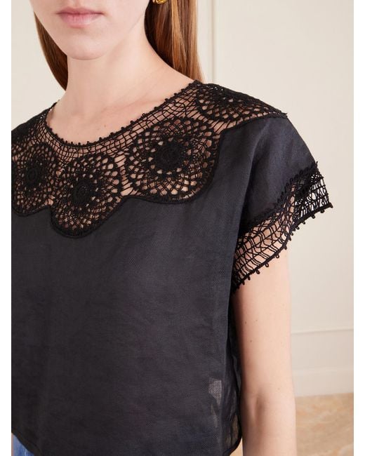 Nili Lotan Black Caila Crochet-Trimmed Ramie Top