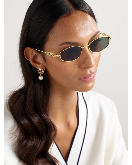 Gucci Metallic Goldfarbene Sonnenbrille Mit Ovalem Rahmen, Logodetails Und Kristallen
