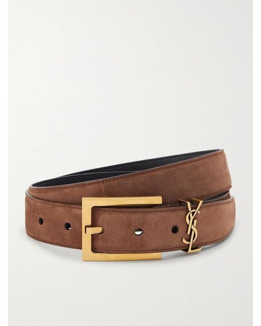 Saint Laurent Brown Cassandre Embellished Suede Belt