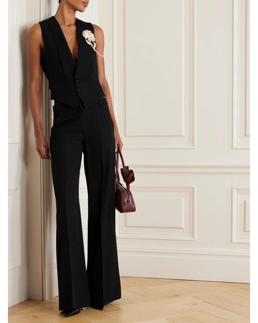 Erdem Black Satin-Trimmed Grain De Poudre Wool Wide-Leg Pants