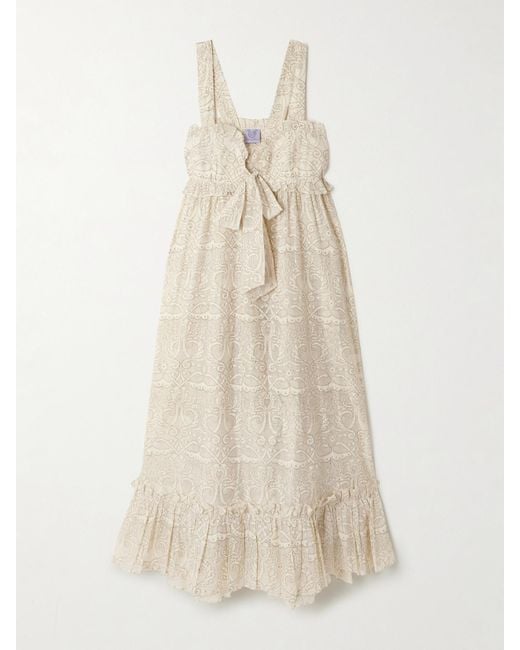 Thierry Colson Natural Valentina Kleid Aus Einer Bedruckten Baumwoll-Seidenmischung Mit Glitter-Finish Und Rüschen