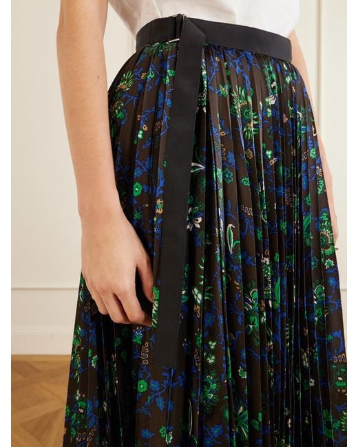Sacai Black Belted Grosgrain-Trimmed Pleated Floral-Print Georgette Midi Skirt