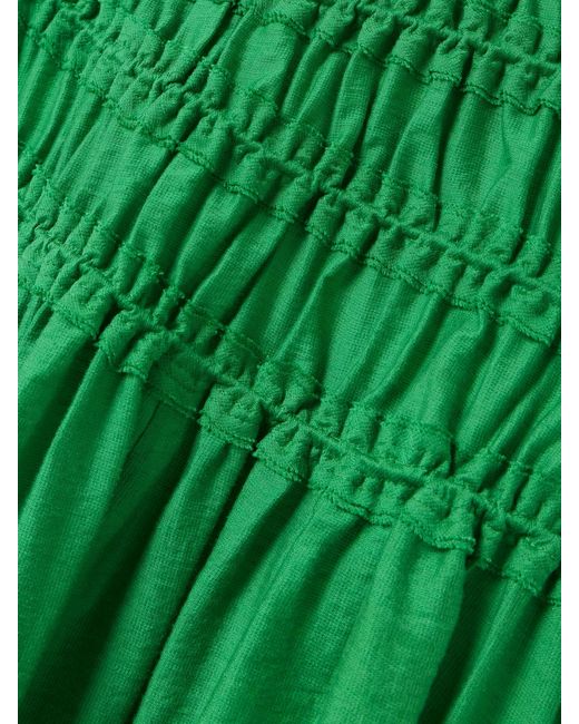 Tory Burch Green Ruffled Smocked Lyocell-Blend Midi Skirt