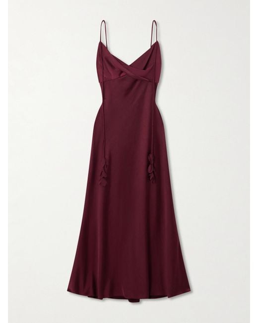 Self-Portrait Red Georgette-Trimmed Draped Satin Midi Dress
