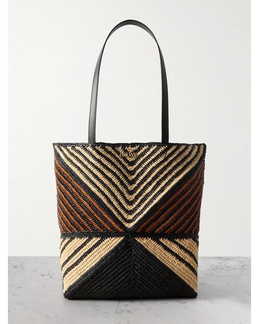 Loewe White Paula's Ibiza Puzzle Fold Mittelgroße, Wandelbare Tote Aus Raffiabast Mit Gestreiften Partien Und Lederbesätzen
