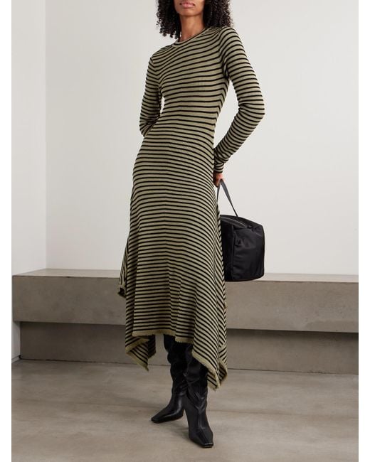 Proenza Schouler Green Didi Frayed Striped Knitted Midi Dress