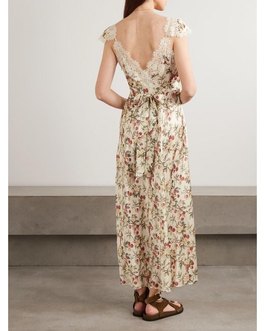 Doen Natural Fiona Lace-Trimmed Floral-Print Silk-Satin Midi Dress