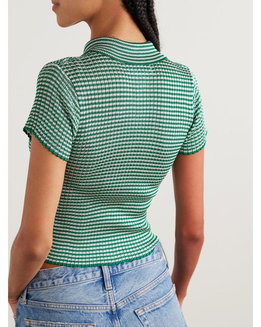 Calle Del Mar Green Striped Ribbed-Knit Polo Shirt