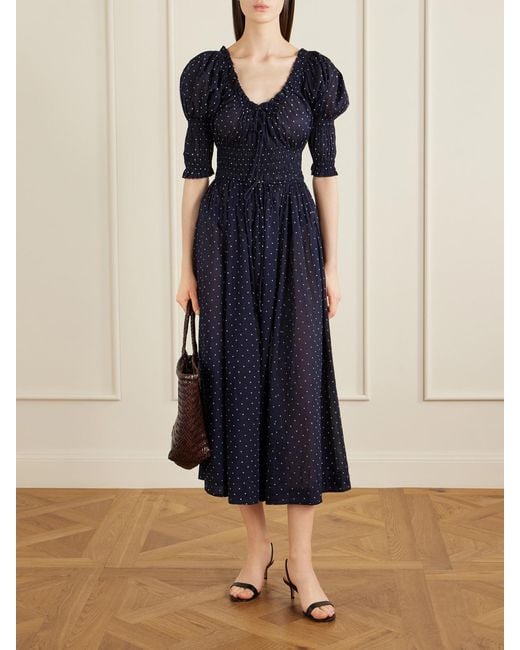 Doen Blue Ischia Shirred Polka-Dot Organic Cotton-Voile Midi Dress
